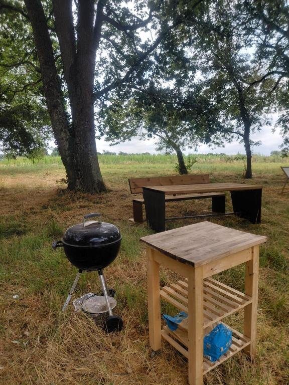 Le coin barbecue sous les chênes — barbecue, table de préparation et grande table champêtre face aux champs